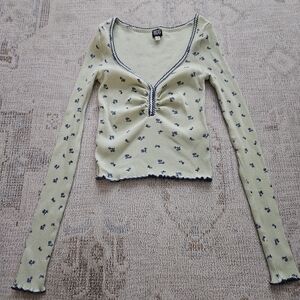 Urban Outfitters Floral Long Sleeve Top - Cream and Blue